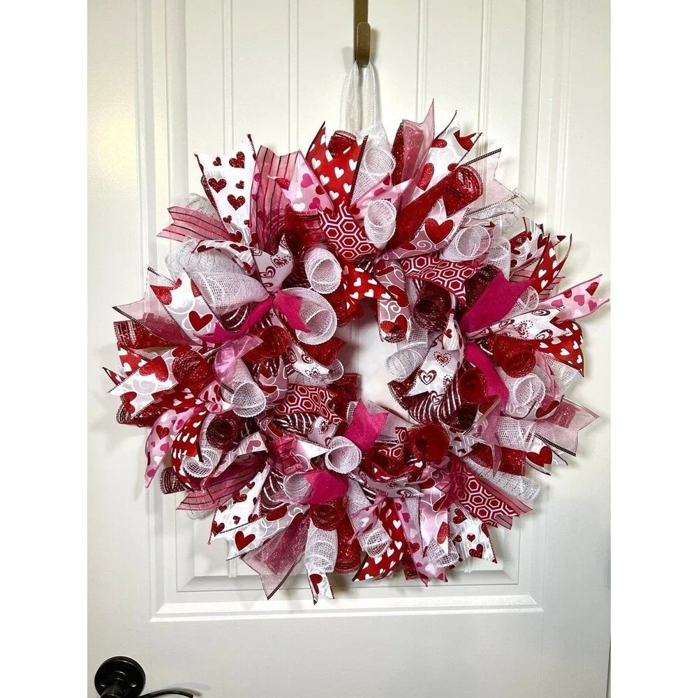 Handmade 22” Valentine’s Day Ribbon Mesh Wreath Hearts in Red & Pink w22